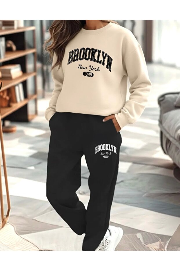 Brooklyn New York 1898 Printed Unisex Oversize Cropped Sweatshirt Bottom/Top Tracksuit Set