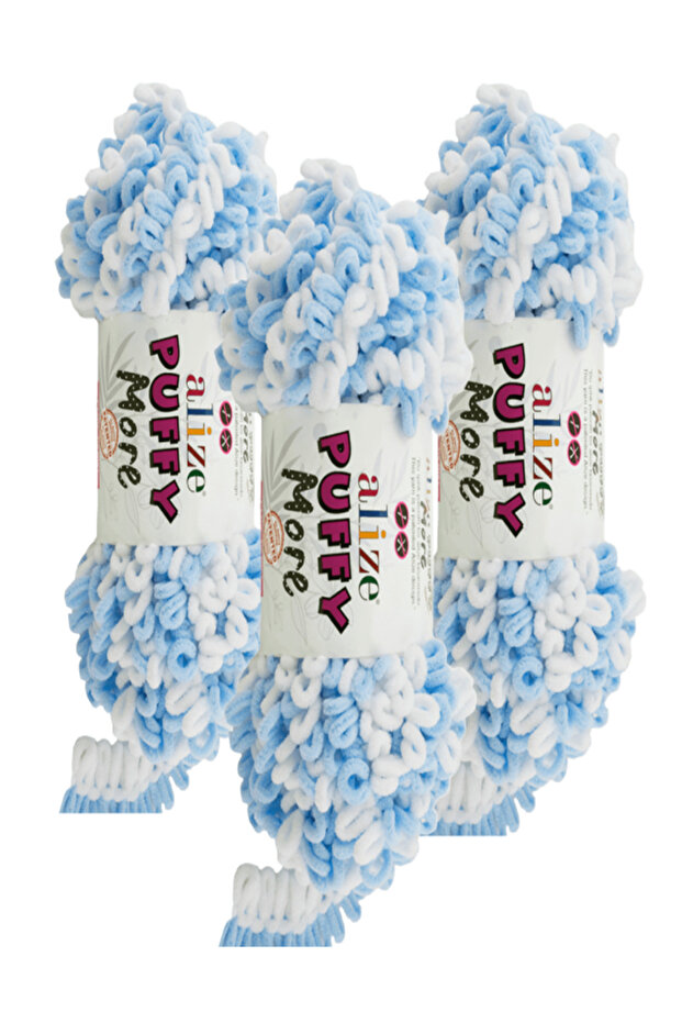 Puffy More Hand Knitting Yarn 3 Pieces –6512 Light Blue/White – 150 Gr. 11.5 Meters. – Blanket, Scarf, Vest