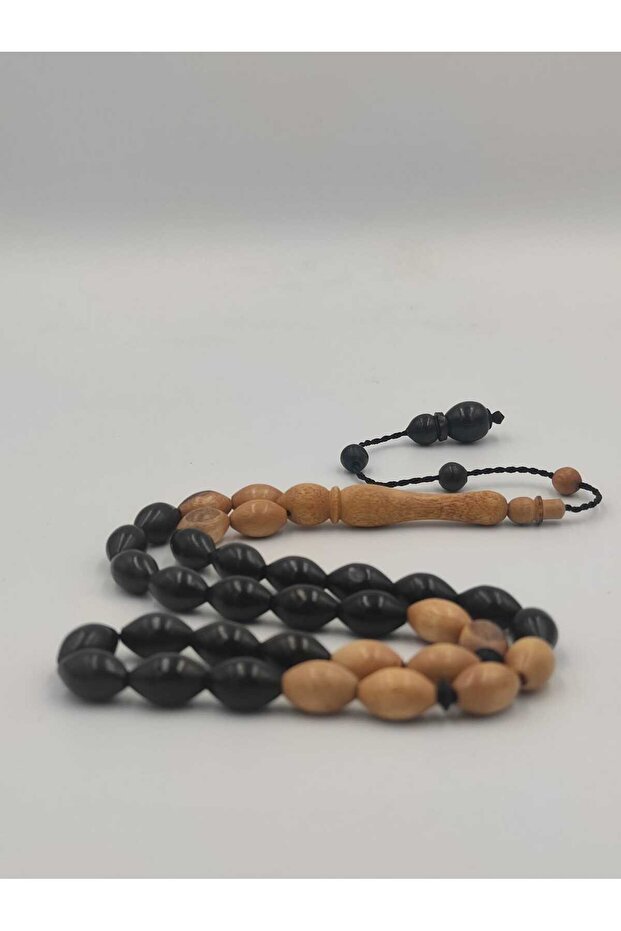 Master Craftsman-Made Ebony Wood Prayer Beads 7*11 mm Barley-Cut with Attached Systemic Tassel