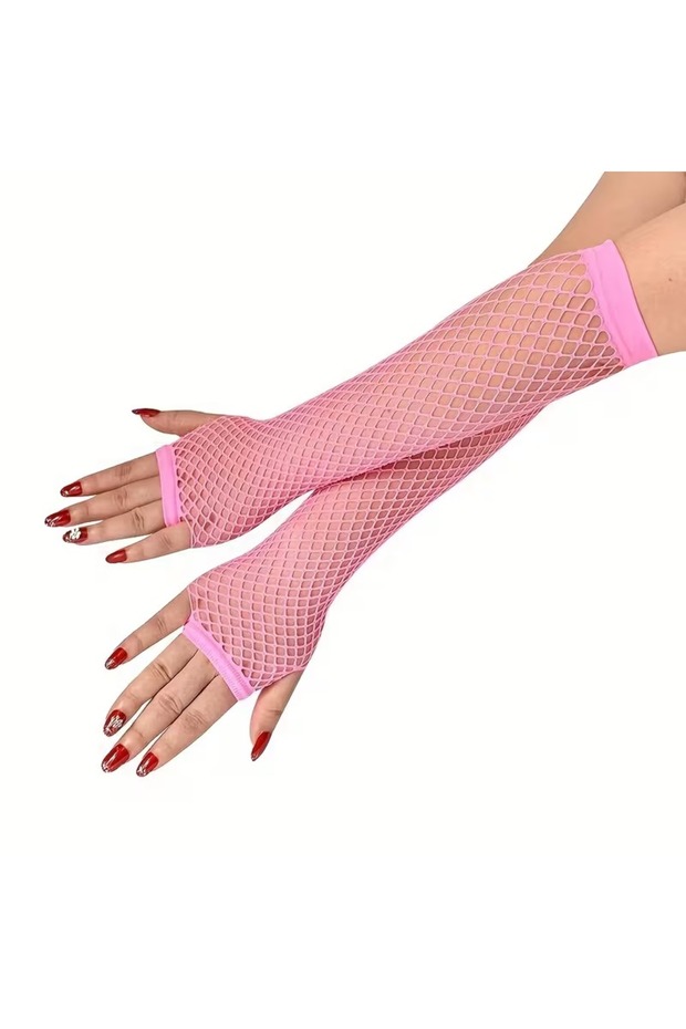 80S 90S Retro Neon Pink Fishnet Fingerless Gloves 26 cm