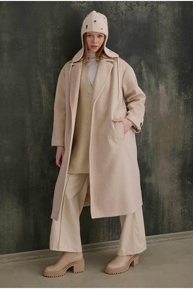 Double-Breasted Long Coat Bone - 6