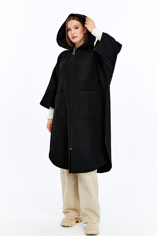 Kışlık Kapüşonlu Kaşe Panço - 7