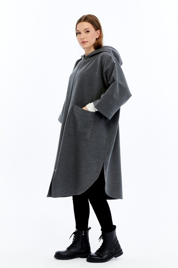 Kışlık Kapüşonlu Kaşe Panço - 4