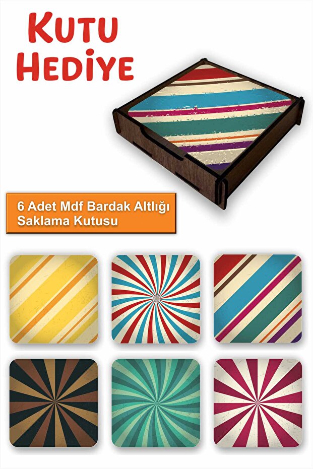 Fun Colorful Set of 6 Mdf Coasters | Colorful Pop Art Design | Wooden Box with Gift