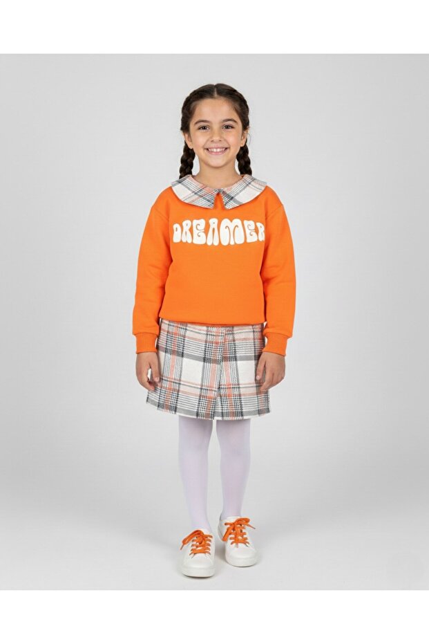 Girl's Plaid Patterned Shorts with Skirt, Collared Sweatshirt, Ages 6-7-8-9-10, 2-Piece Top and Bottom Set