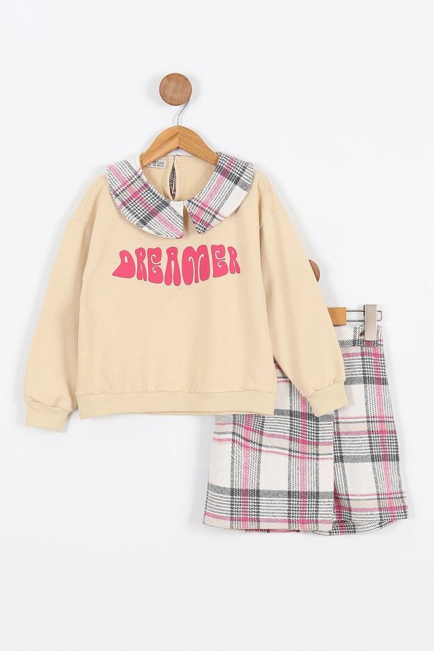 Girl's Plaid Patterned Shorts with Skirt, Collared Sweatshirt, Ages 6-7-8-9-10, 2-Piece Top and Bottom Set