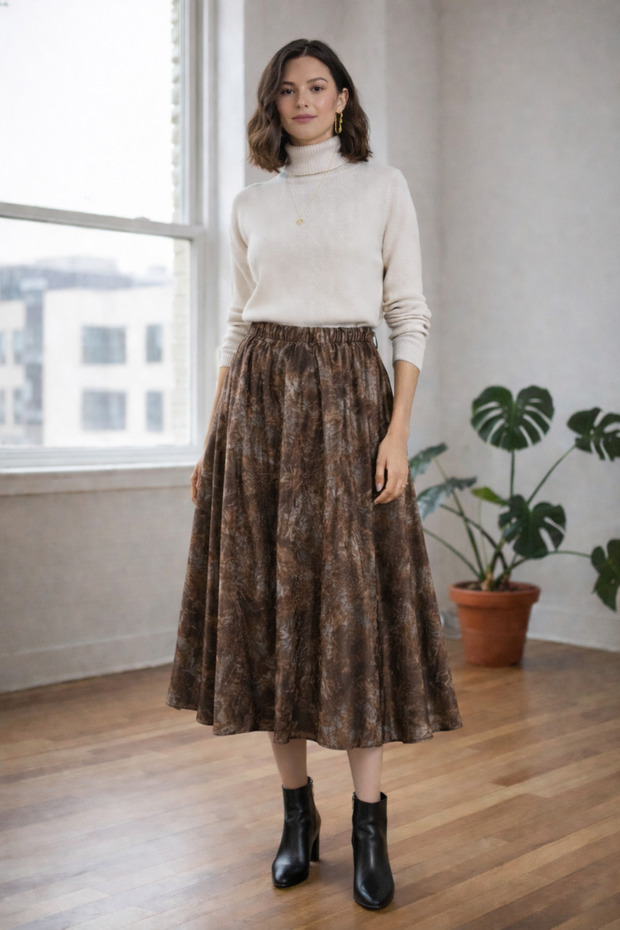 Elegant Women's Slim Taffeta Patterned Shiny Plus Size Elastic Waist Skirt