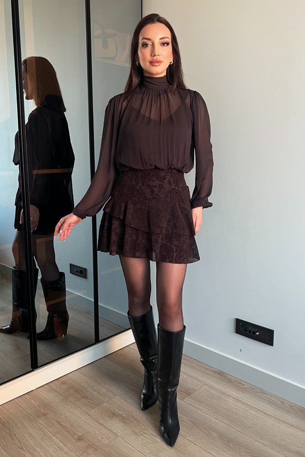 Patterned Mini Dress with Transparent Top Detail Skirt