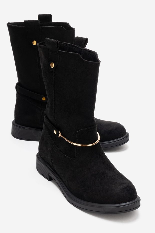 Black Suede Women's Boots with Gold Buckle Detail
