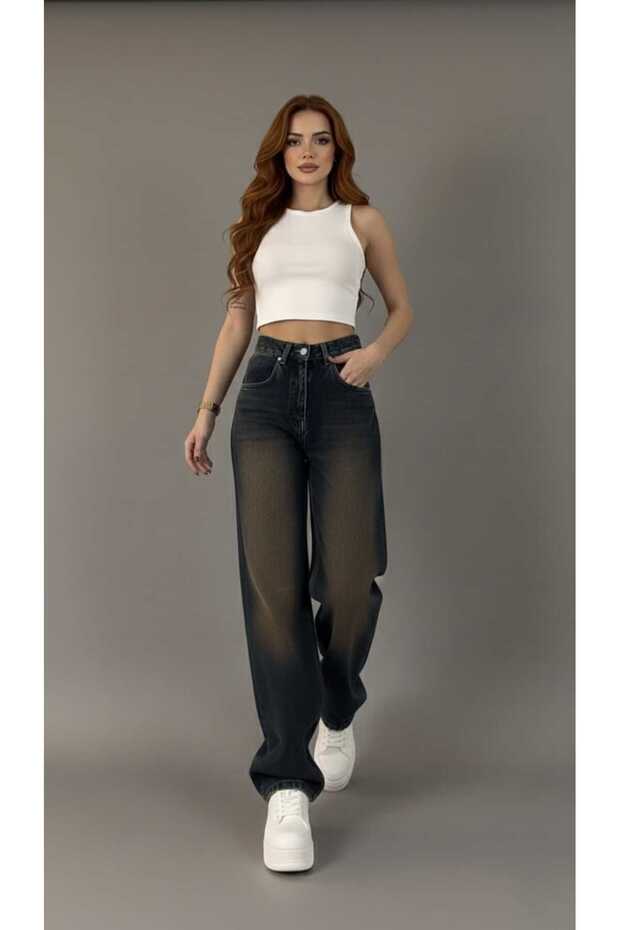 Dark Brown Tint Wash Buckle Detail Loose Fit Wide Leg Comfortable Baggy Jean Denim Casual Women's Pants