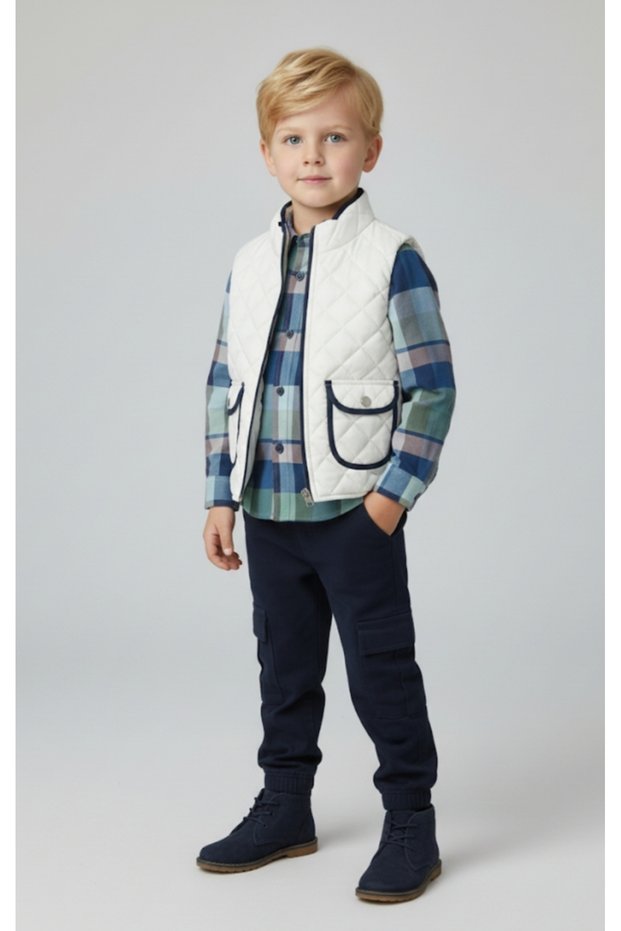 Boys' Zipper Closure Pocket Padded Vest Woven Shirt Elastic Waist Linen Pants Set