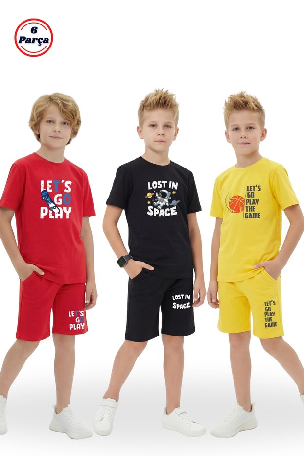3-Piece Crew Neck Print Detailed Colorful Capri Pants Boys' 6-Piece Top and Bottom Set