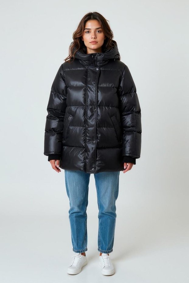 Women's Black Full-Filled Puffer Coat – Hooded , Ultra Warm, Shiny Fabric Winter Coat (74 cm)
