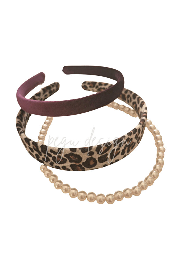 Purple velvet 3-piece crown, crown with pearls, leopard patterned crown