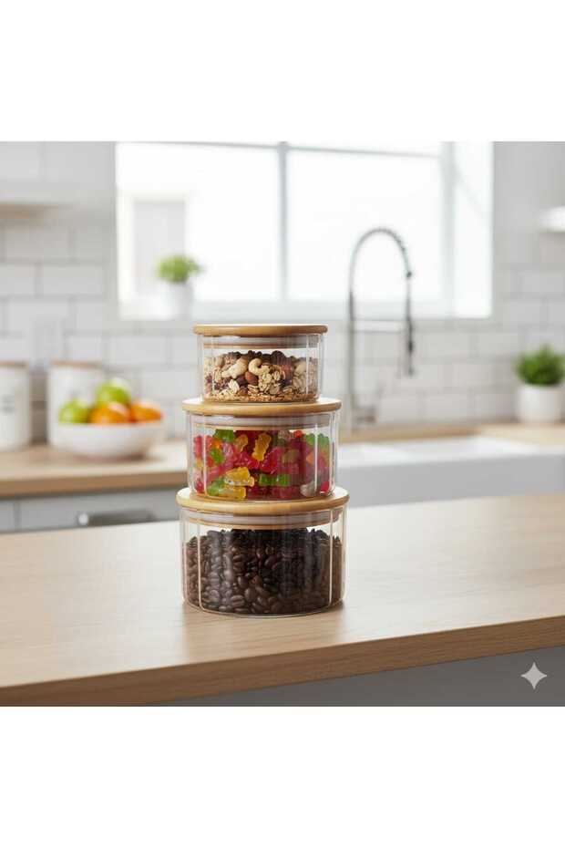 Wooden Bamboo 3-Piece Round Glass Storage Container - Presentation Container - Vacuum Bamboo Wooden Lid