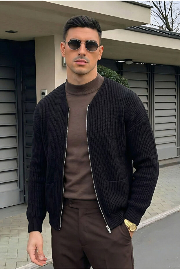 Men's Zip-Up Black Knit Cardigan Mz62003