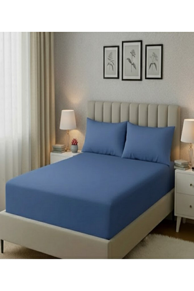 Navy Blue 100% Cotton Satin 140 X 200+35 cm Fitted Sheet Set