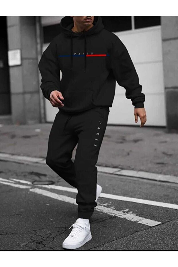 Paris Printed Unisex Bottom Top Black Tracksuit Set Oversize Hooded