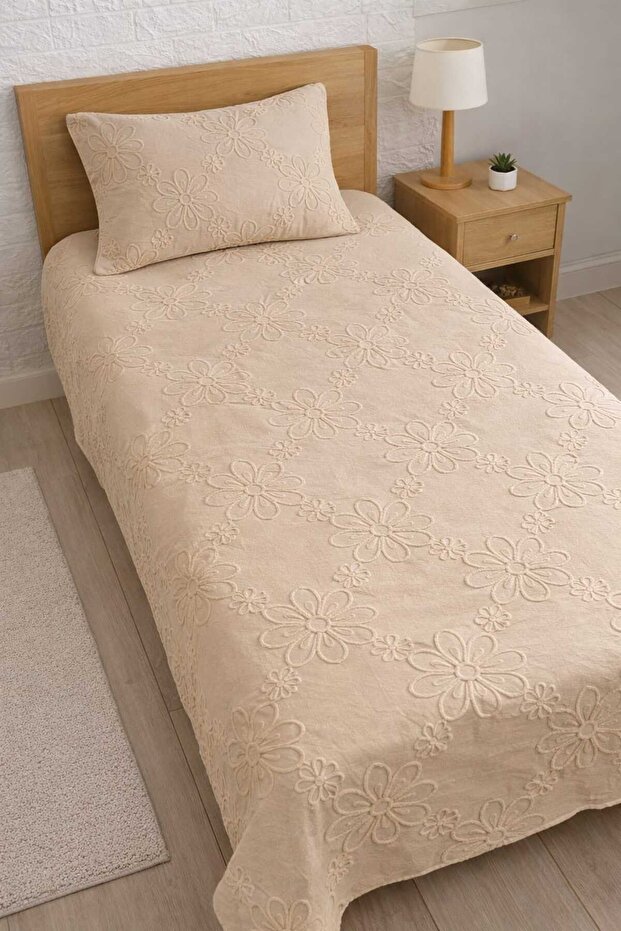 Sevgi Bahçesi Single Mink | Floral Textured Cotton | 160X240 Single Bedspread Set