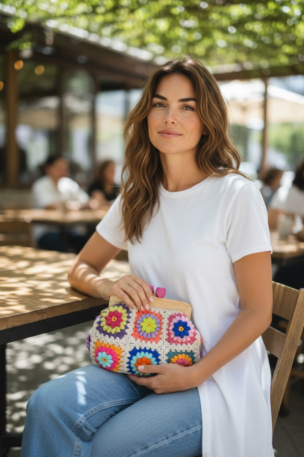 Knitted Colorful Flower Motif Wooden Burslu Bag