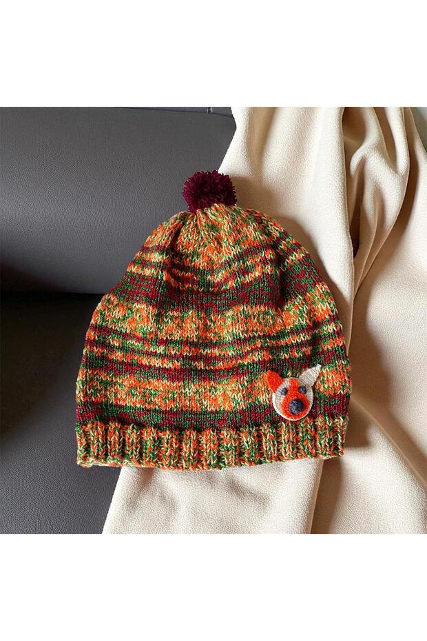 Hand Knitted Striped Pattern Children's Beanie Green Orange Burgundy with Dog Figure