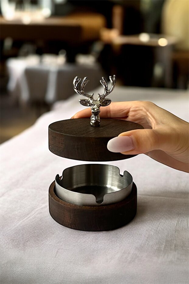 Decorative Ashtray with Wooden Lid and Deer Figure, Metal Inner Chamber, Tabletop Ashtray, Dark Silver with Deer