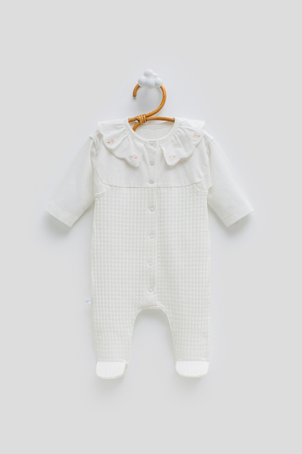 Baby Girl Romper 100% Cotton Peter Pan collar Floral Embroidered with Booties
