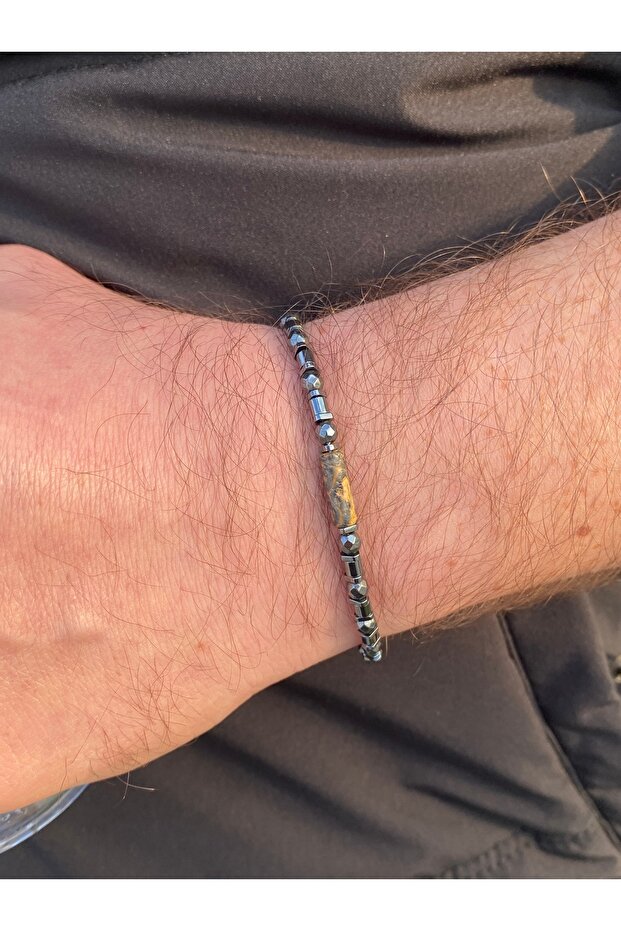Men's Steel Bracelet with Cylinder Brown Color Stone