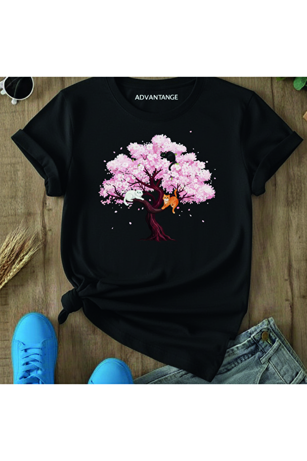 Carlota Women's Oversized T-Shirt with Cat and Sakura Tree Design