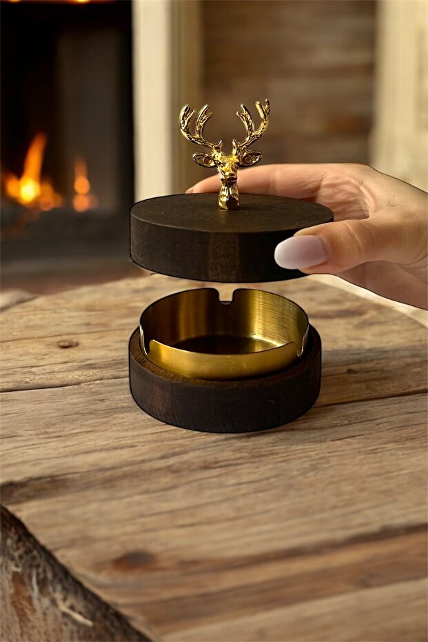 Ashtray with Wooden Deer Figure, Metal Decorative Lid, Gift, Tabletop Ashtray, Dark Gold Deer