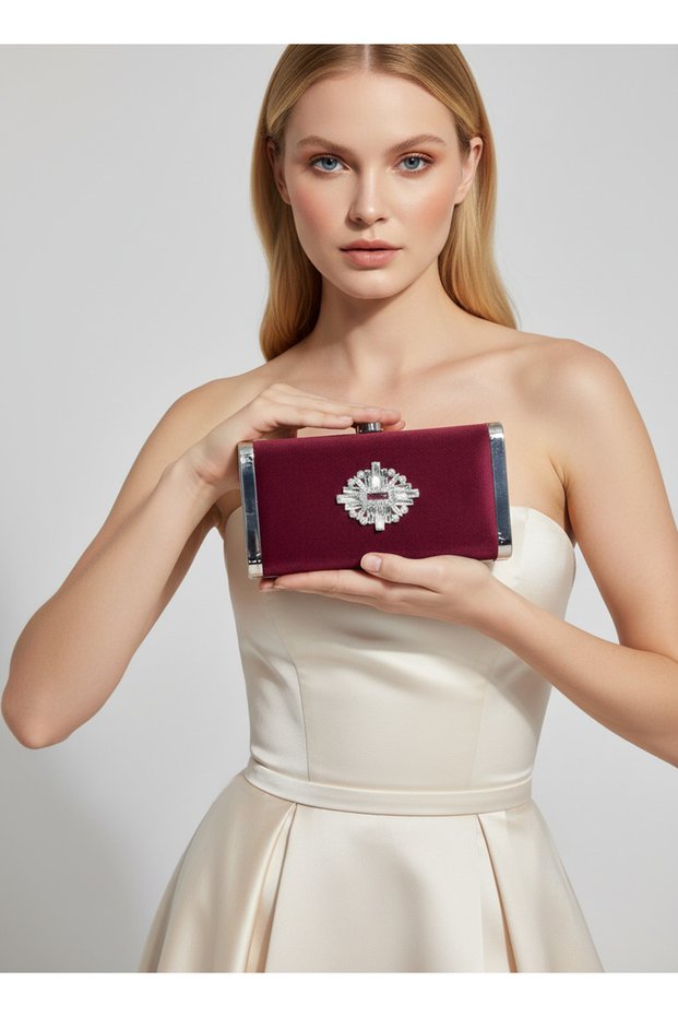 Burgundy Silver Luxury Suede Crystal Stone Metal Case Stone Handle Evening Dress Bag Wedding Engagement Graduation