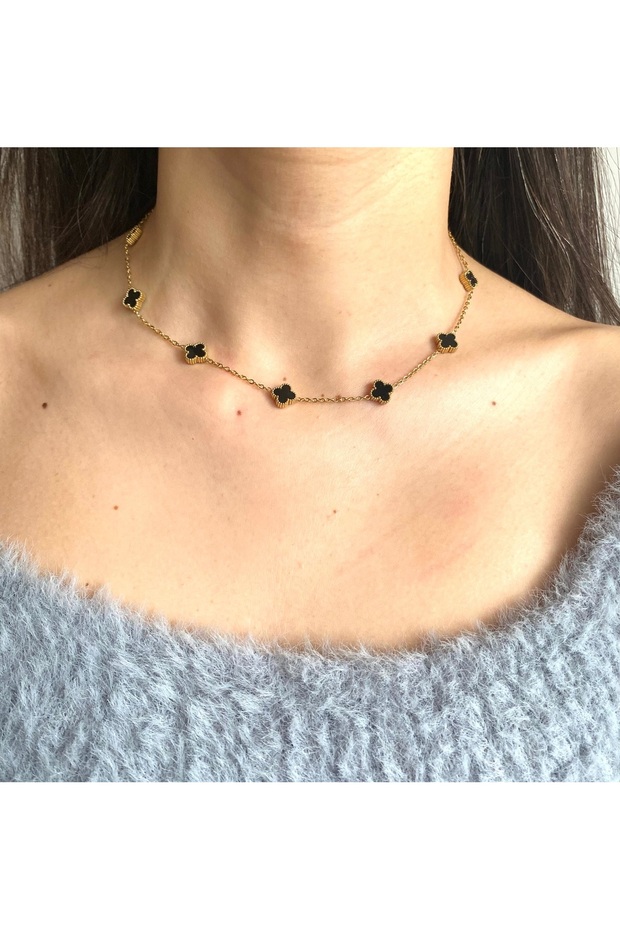 Gold Black Four Leaf Clover Steel Necklace