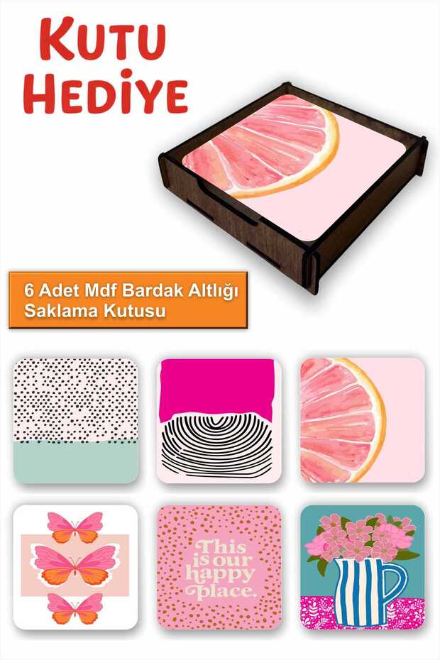 Fun Colorful Set of 6 Mdf Coasters | Colorful Pop Art Design | Wooden Box with Gift