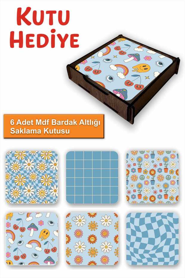 Fun Colorful Set of 6 Mdf Coasters |   Colorful Pop Art Design |   Wooden Box with Gift