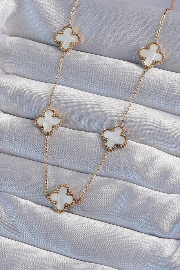 316L Steel Gold Color White Pearlescent Clover Necklace