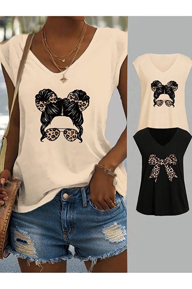 Women's 2 Piece Mix Printed V-Neck Sleeveless Oversized Salas Boyfriend T-Shirt Set
