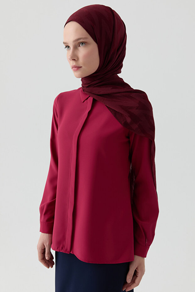 Basic Gizli Patlı Gömlek - Vişne - 2