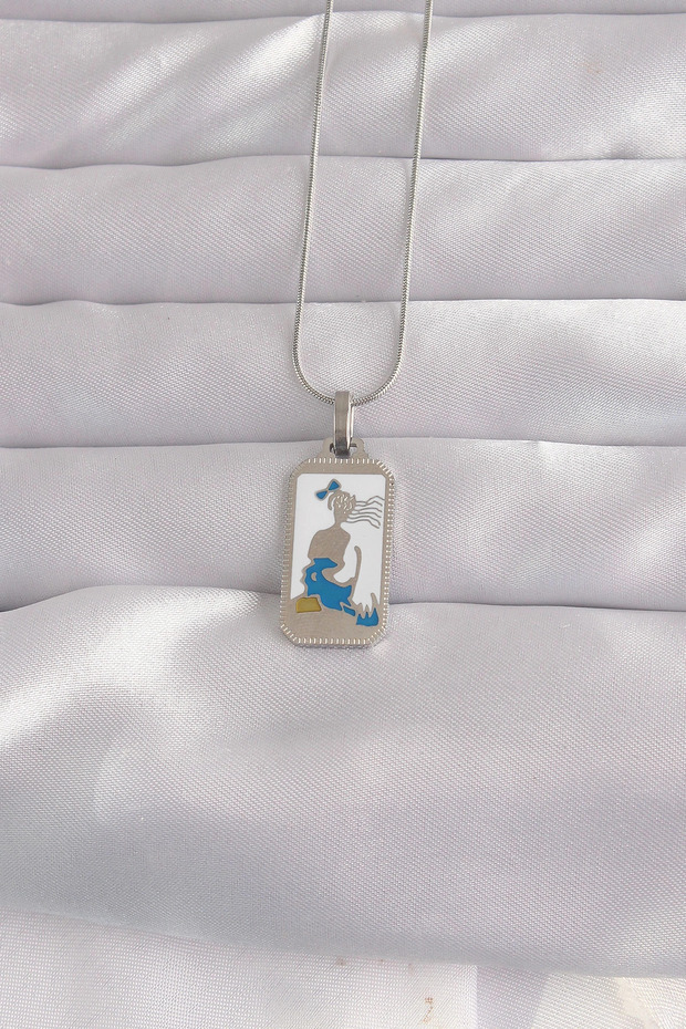 316L Steel Silver Color White Enamel Girl Figure Tarot Pendant