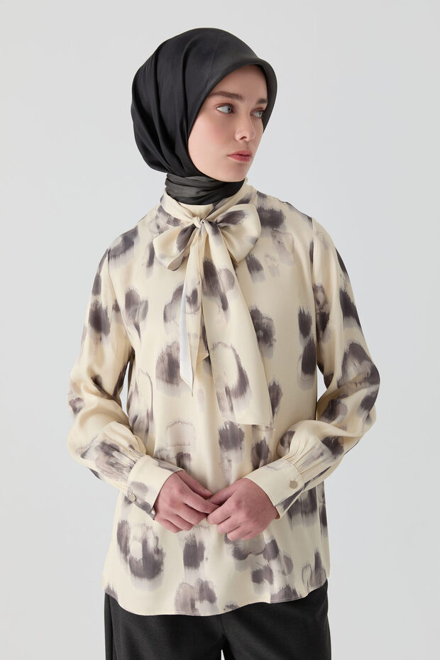 Fırça Desenli Bluz - Krem - 2