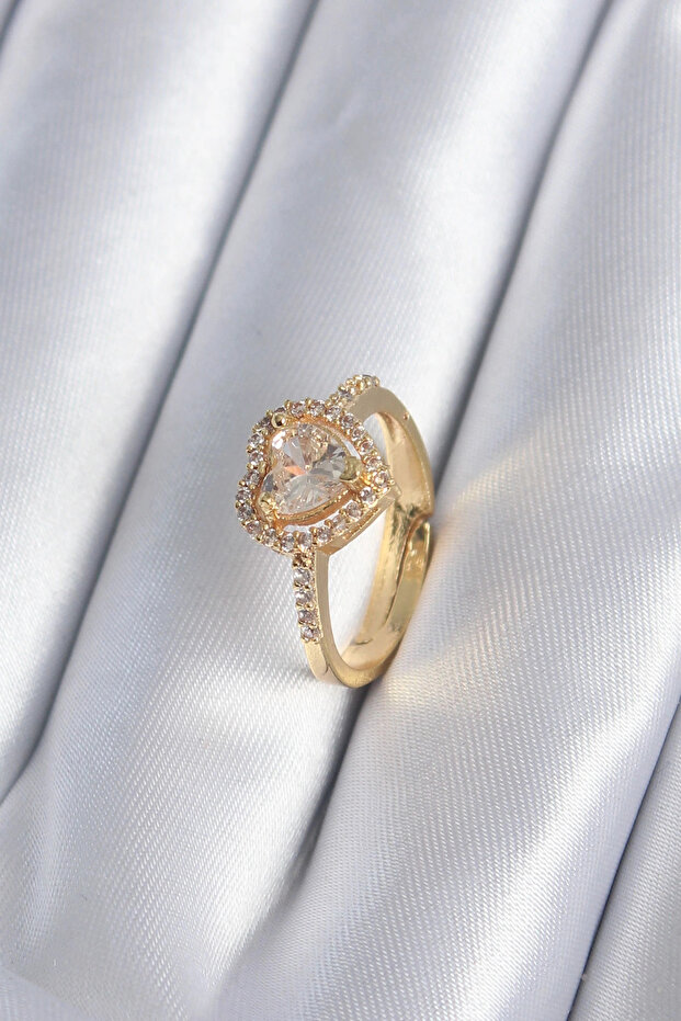 Brass Gold Color Zircon Stone Heart Charm Model Women's Ring