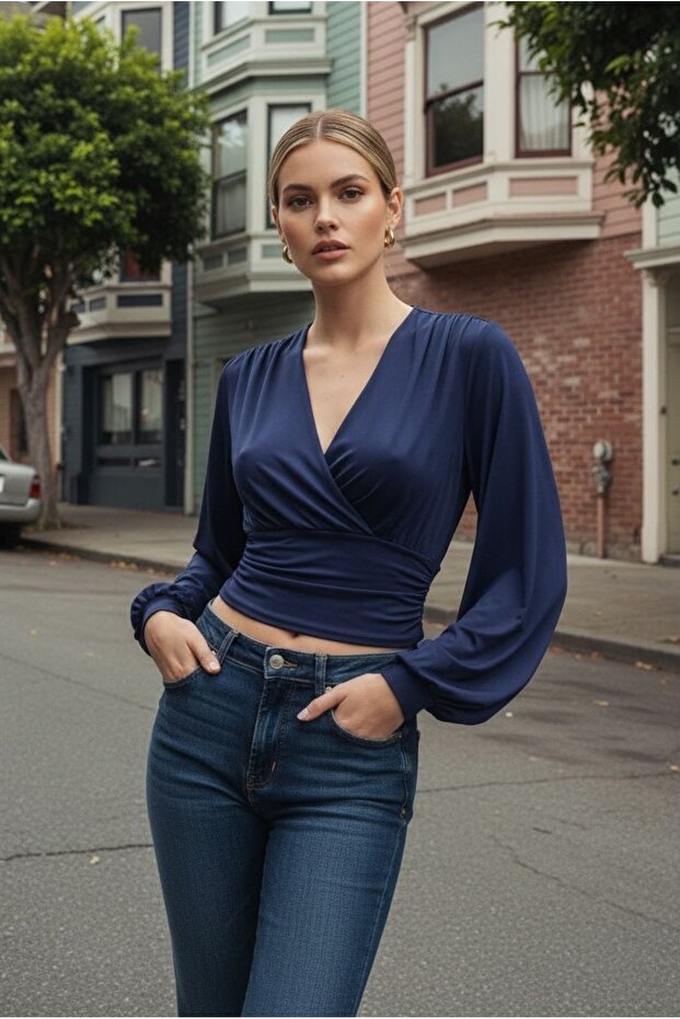 Women's Bodysuit Stretch Fabric Micro Fabric Navy Blue Balloon Long Sleeve Crop Low-Cut Bodysuit