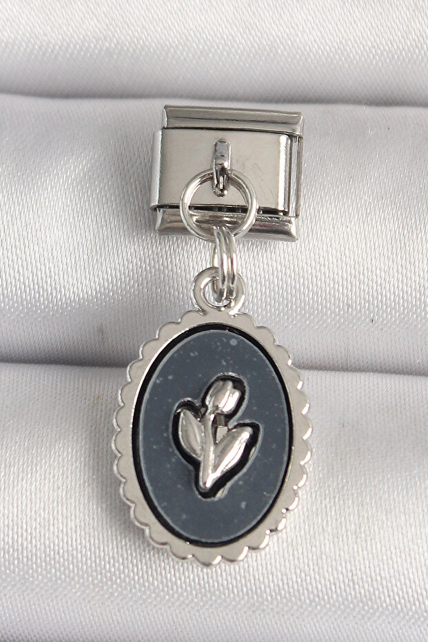 316L Steel Silver Color Flower Embroidered Black Portrait Model Nomination Charm
