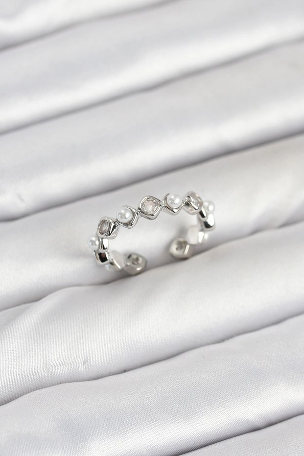 Brass Silver Color Zircon Stone Pearl Women Ring