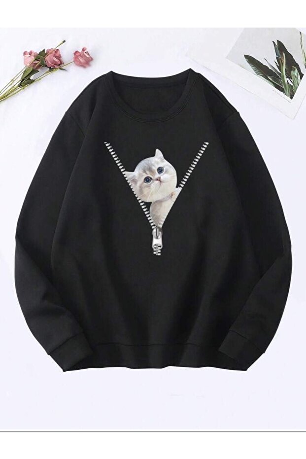 سويت شيرت شتوي للجنسين من Zipper Cat مطبوع باللون الأسود