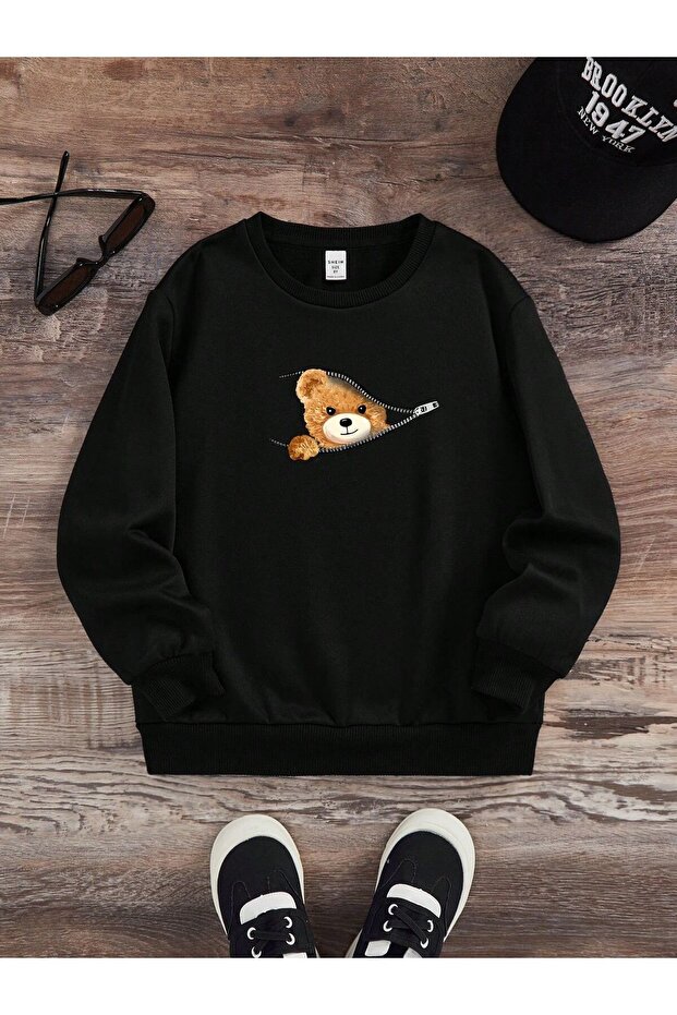 سويت شيرت شتوي للجنسين من Zipper Teddy مطبوع باللون الأسود