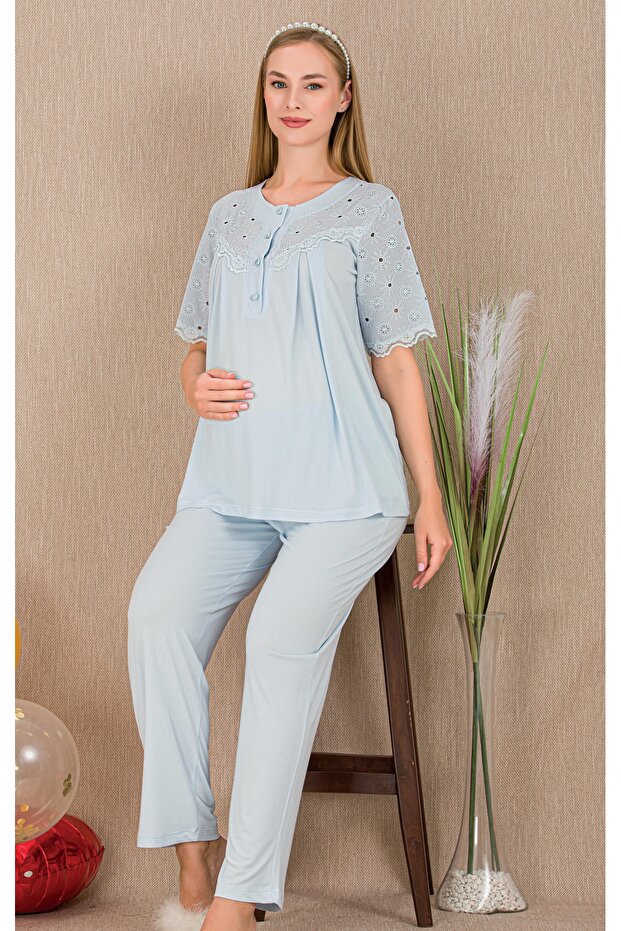 Buttoned Crew Neck and Guipure Sleeve Detailed Long Sleeve Stylish Maternity & Postpartum 2-Piece Pajama Set