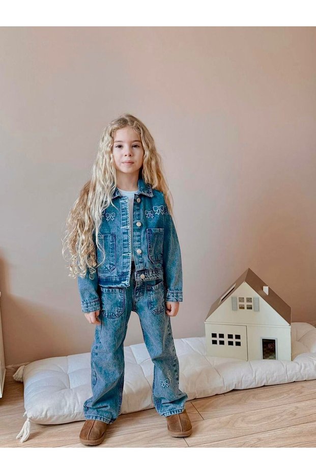 Girl's Ribbon Patterned Denim Jacket and Pants Set – 3-Piece Denim Set (T-Shirt Included)