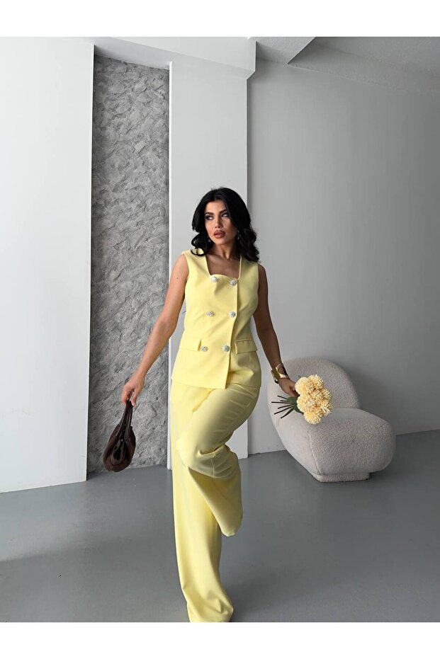 Square Collar Stone Buttoned Vest Trousers Double Breasted Set