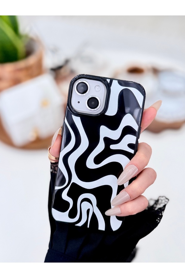 iPhone 15 - 14 - 13 Compatible Black and White Print Patterned Anti-Shock Flexible Silicone Case