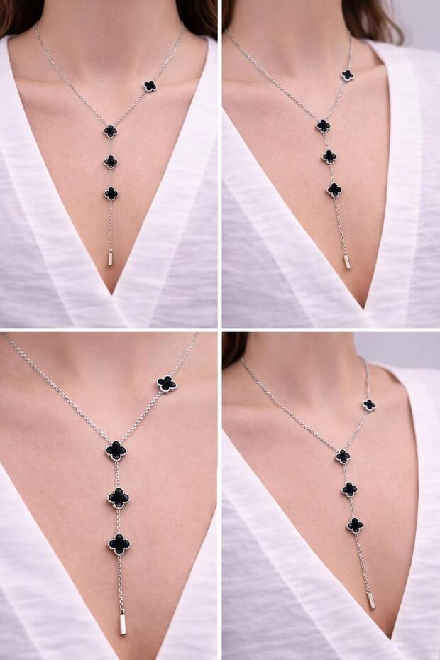 Çelik Yonca Sarkıt Kolye - 2